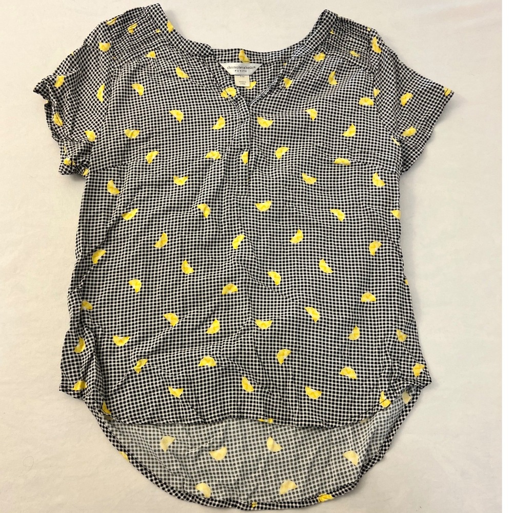 Christopher & Banks Petite Black Gingham Lemon Print Blouse PM Short Sleeve Top